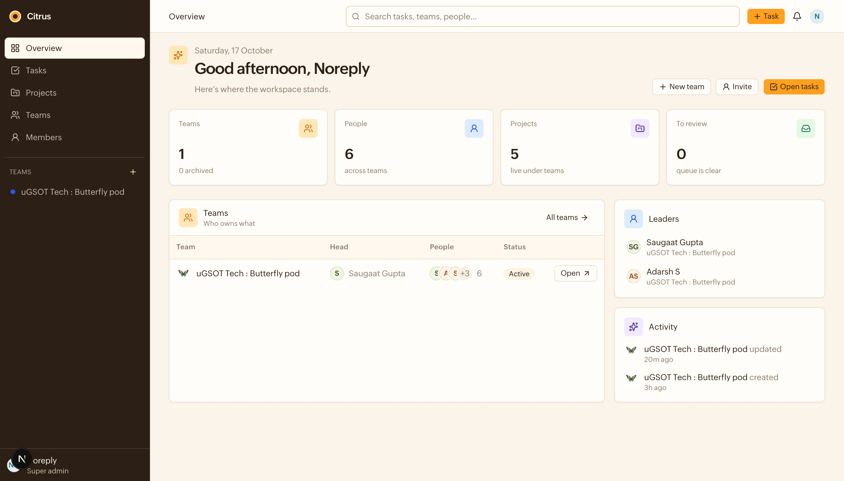 Citrus overview: teams, people, projects, and activity